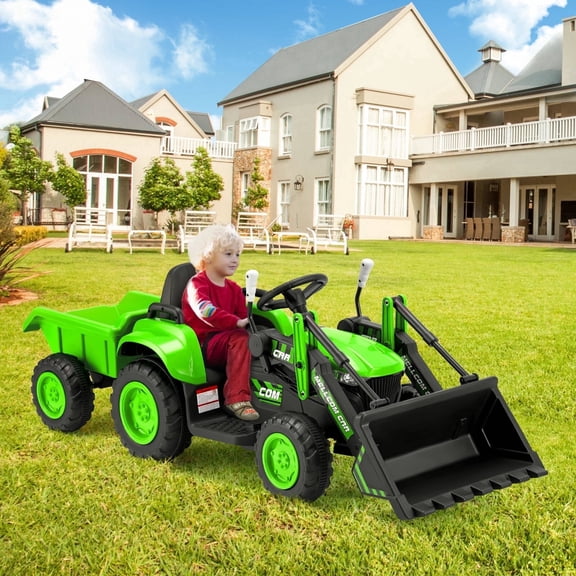 Erommy Ride on Bulldozer Toys with Remote Control, 12 V Battery Powered Ride on Tractor with Trailer, Front Loader Bucket, Horn, Lights, Music Player, Safety Belt, Green