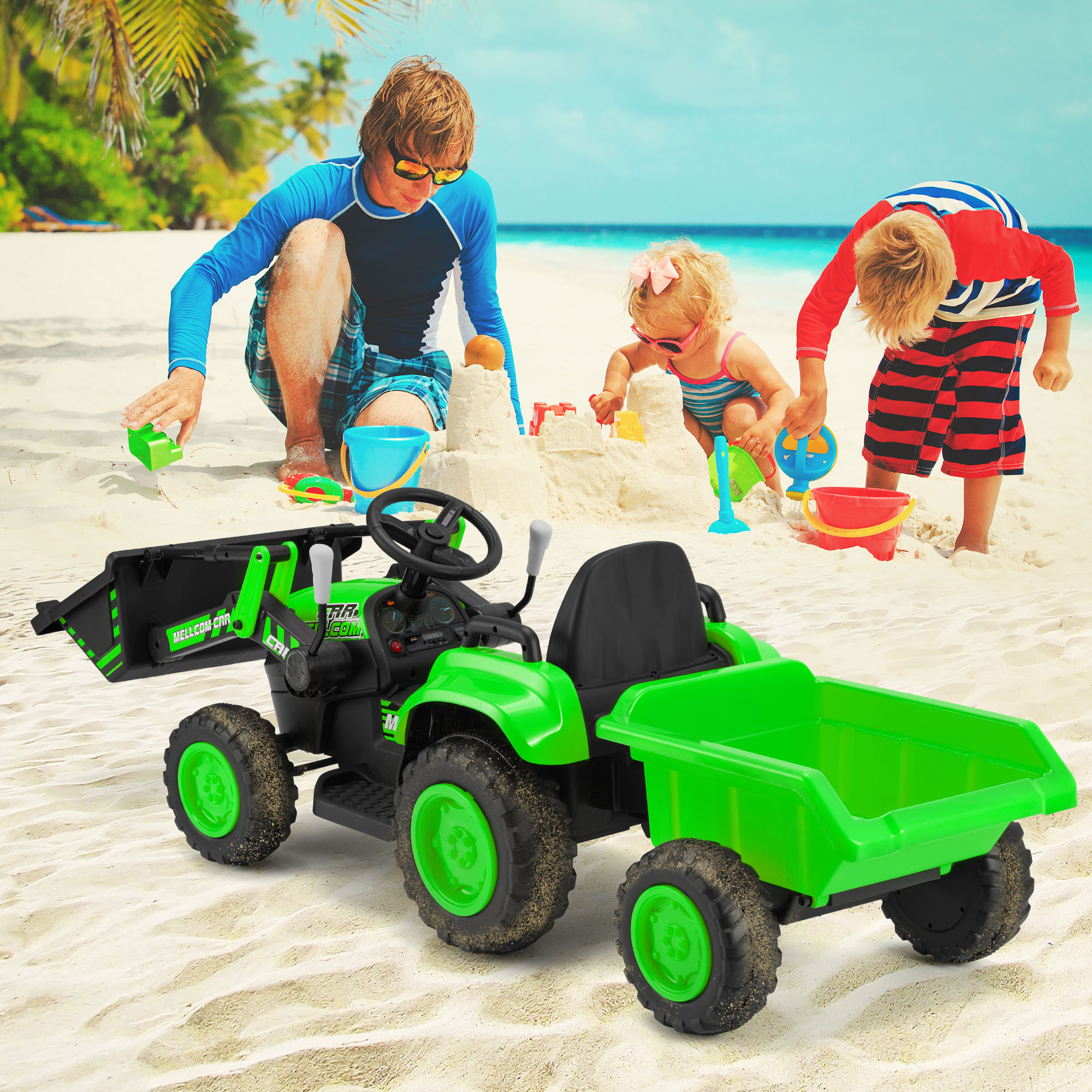 Erommy Ride on Bulldozer Toys with Remote Control, 12 V Battery Powered Ride on Tractor with Trailer, Front Loader Bucket, Horn, Lights, Music Player, Safety Belt, Green