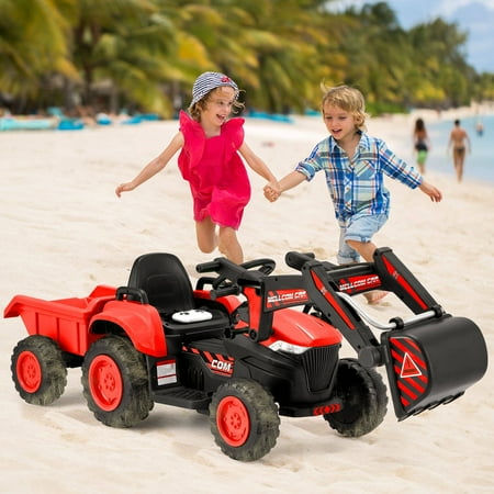 Erommy Ride on Excavator Toys with Remote Control, 12 V Battery Powered Ride on Tractor with Trailer, Digger, Horn, Lights, Music Player, Safety Belt, Red