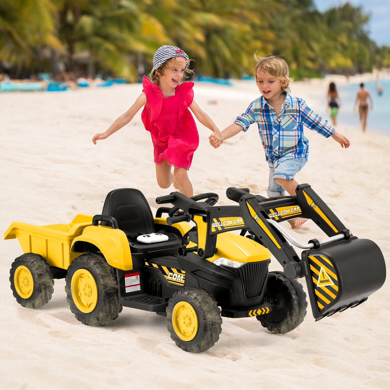 Yellow 12V Battery Powered Ride-On Excavator with Trailer