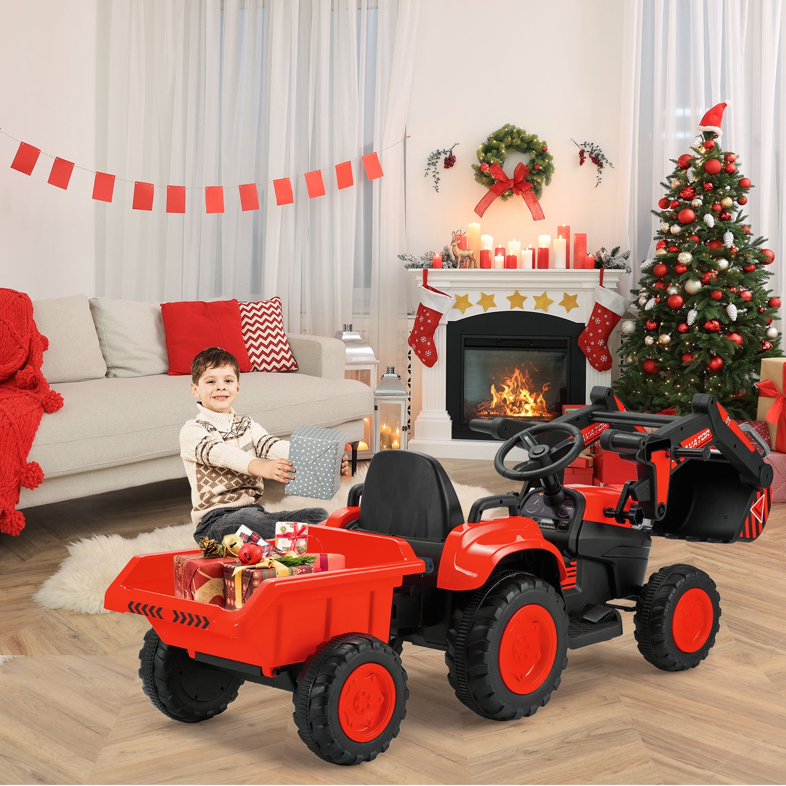 Erommy Red 12V Ride-On Excavator with Trailer and Remote Control