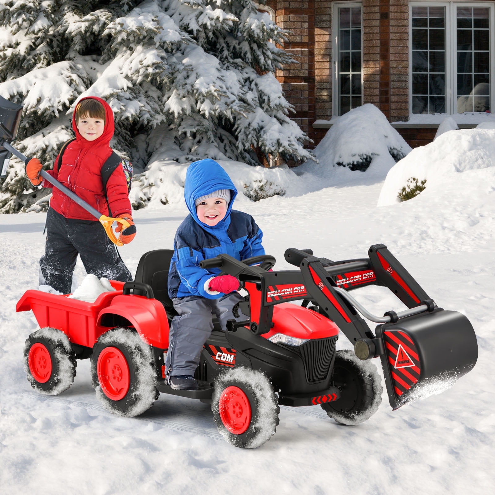 Erommy Red 12V Ride-On Excavator with Trailer and Remote Control