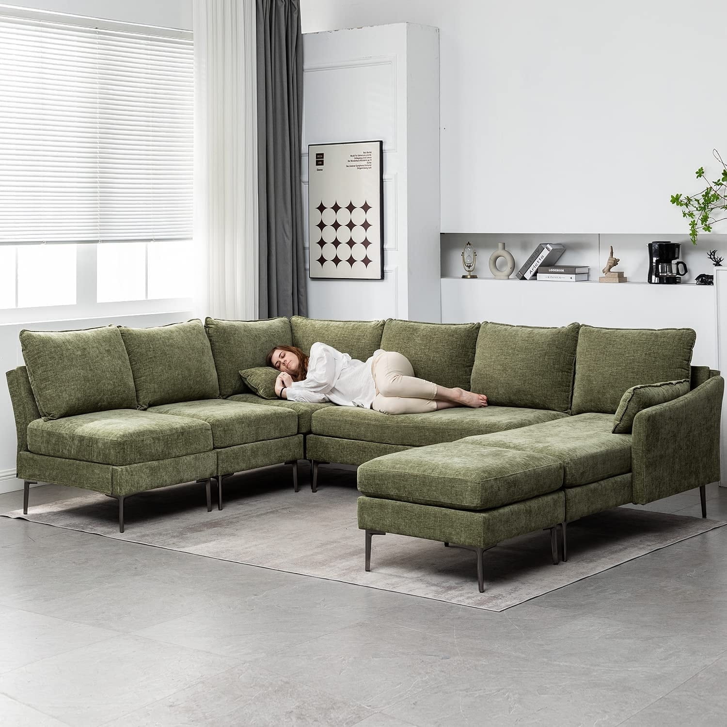 Green Chenille Fabric U-Shaped Sectional Sofa with Ottoman