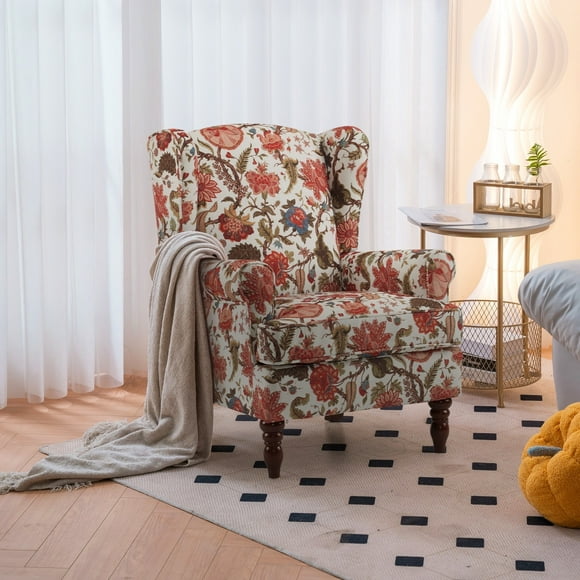 Erommy  Wing back Arm Chair, Upholstered Fabric High Back Chair with Wood Legs Coral Flower Wood Finish N/A Americana, Modern & Contemporary