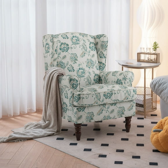 Erommy  Wing back Arm Chair, Upholstered Fabric High Back Chair with Wood Legs Green Flower Wood Finish N/A Americana, Modern & Contemporary