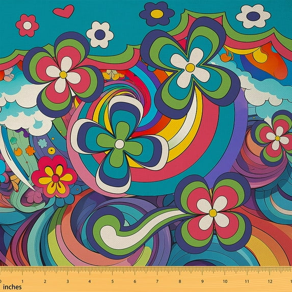 Erosebrida 60s 70s Flower Fabric By The Yard,Rainbow Striped Upholstery Fabric,Groovy Style Decorative Fabric,Hand Drawn Floral Indoor Outdoor Fabric for Upholstery,Blue Pink,1 Yard