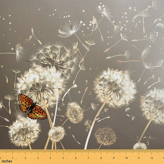 Erosebrida Dandelion Fabric By The Yard,Rustic Farm Floral Upholstery Fabric,Flying Butterfly Decorative Fabric,Garden Country Plant Indoor Outdoor Fabric for Upholstery,White Grey,2 Yards