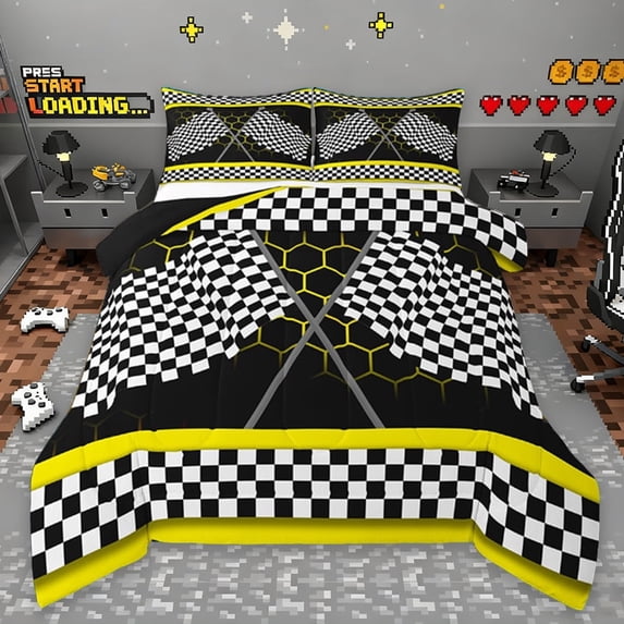 Erosebrida Racing Flag Comforter Sets Twin Size, Neon Yellow Honeycomb Comforters & Duvets, Extreme Racing Car Sportsbedding Twin Comforter Set, Microfiber Room Decorative,2-Piece Reversible