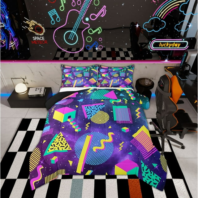 Erosebridal 1970s 80s Memphis Comforter Sets King Size, Geometric Triangle Square Lines Comforters & Duvets, Purple Galaxy Decor, Reversible 3-Piece