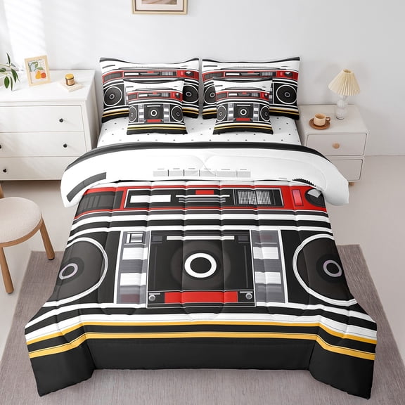 Erosebridal 1980s Disco Party Bed in a Bag Queen Size, 70's Old Fashion Radio Print Bed Set Super Cozy 7pcs