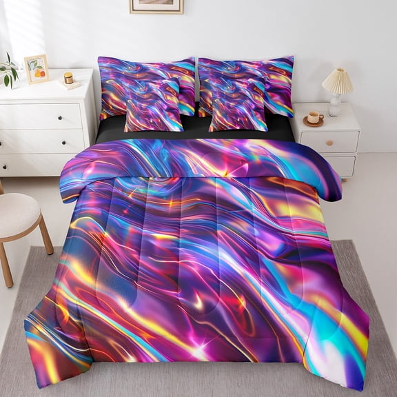 Erosebridal 3D Abstract Print Bed in a Bag Queen size, Neon Purple Bed Set, Liquid Metal Reversible Bedding Queen Size, Lightweight Bedroom Decorative, 7pcs