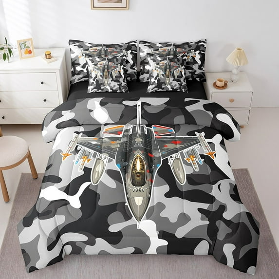 Erosebridal 3D Airplane Bedding Sets Twin Size, Camouflage Comforter Sets with Sheets, Army Military Reversible Bed Set, Lightweight Room Decorative, 7-Piece