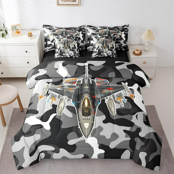 Erosebridal 3D Airplane Bedding Sets Twin Size, Camouflage Comforter Sets with Sheets, Army Military Reversible Bed Set, Lightweight Room Decorative, 7-Piece