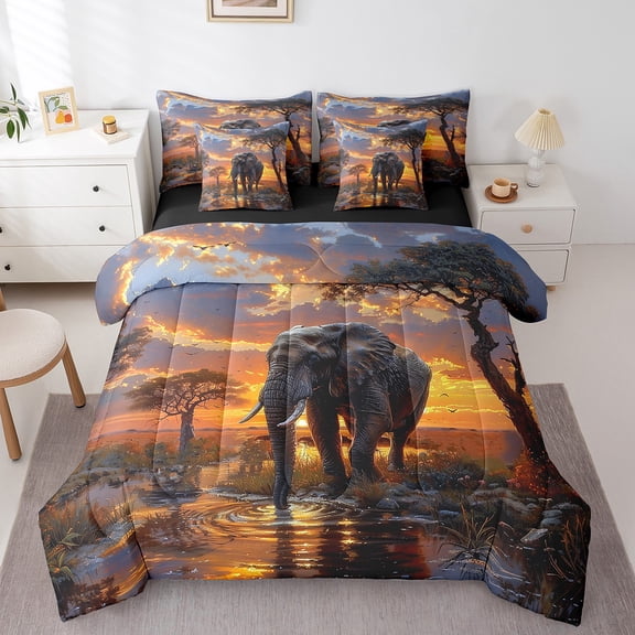 Erosebridal 3D Animal Bedding Sets Twin Size, Wildlife Elephant Comforter Sets with Sheets, Woodland Lake Reversible Bed Set, Lightweight Room Decorative, 7pcs