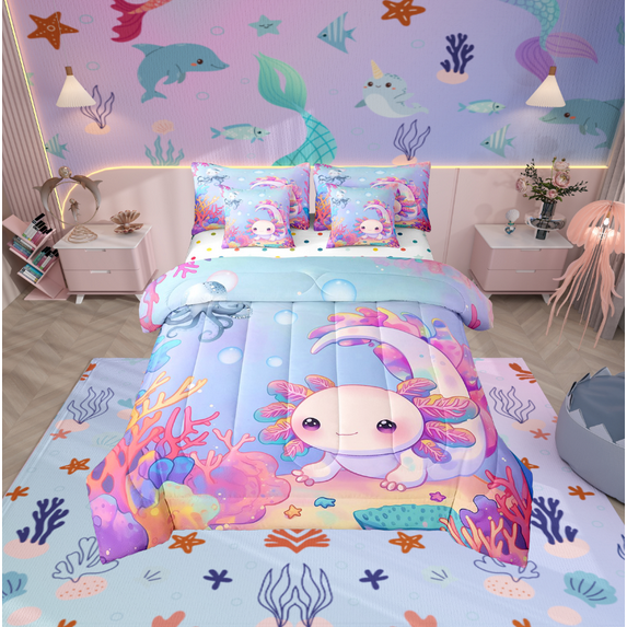 Erosebridal 3D Axolotl Bedding Twin Size, Underwater World Bedding Sets Twin Size, Cute Animal Reversible Bed Set, Lightweight Bedroom Decorative, 7pcs