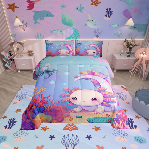 Erosebridal 3D Axolotl Comforter Sets Twin Size, Underwater World Comforters & Duvets, Cute Animal Reversible Duvet Insert, Lightweight Bedroom Decorative, 2pcs