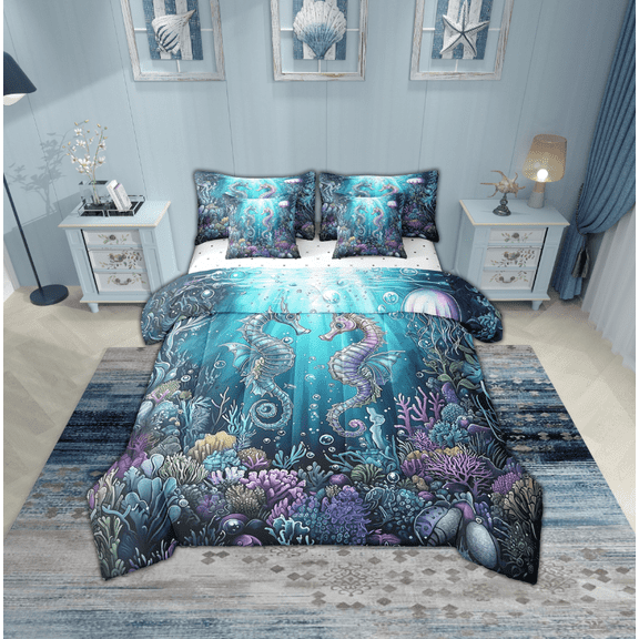 Erosebridal Marine Seahorse Bedding Sets Twin Size,Underwater World Comforter Sets with Sheets,Peincess Bedroom Decor,Reversible,Breathable,7pcs