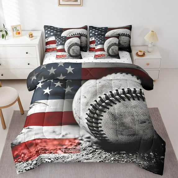 Erosebridal 3D Baseball Bed in a Bag Twin size, Vintage US Flag Bed Set, American Sport Bedding Twin Size, Ultra Soft Room Decor, 7 Pieces