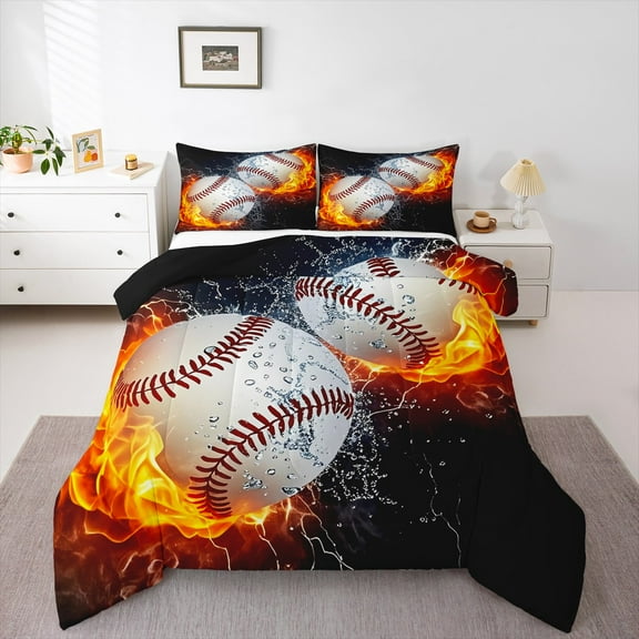 Erosebridal 3D Baseball Bedding Sets Queen with Comforter, Modern Sport Lover Duvet Insert, Fire and Water Reversible Comforter Sets Queen Size, Breathable Room Decoration, 3pcs