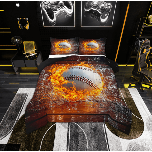 Erosebridal 3D Baseball Comforter Sets Full Size, Modern Sport Comforters & Duvets, Fire Water Reversible Duvet Insert, Microfiber Bedroom Decoration, 3 Pieces