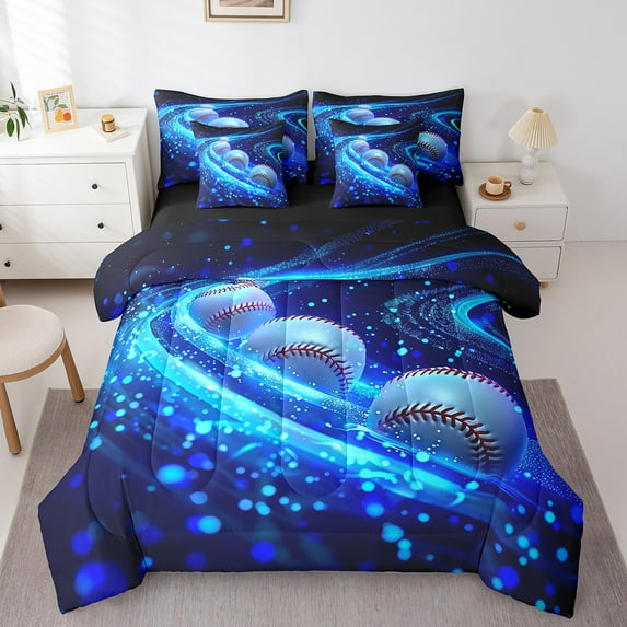 Erosebridal 3D Baseball Print Bed in a Bag King size, Neon Blue Bed Set, Sports Lover Decor, Reversible