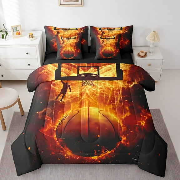 Erosebridal 3D Basketball Bed in a Bag Twin size, Ball Game Bed Set, Sports Theme Decor, Reversible 7 Pieces