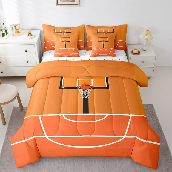 Erosebridal 3D Basketball Bedding Twin Size, Orange Bedding Sets Twin Size, Modern Sports Reversible Bed Set, Lightweight Bedroom Decorative, 7-Piece