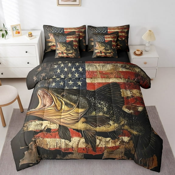 Erosebridal 3D Bass Fish Bedding Sets King with Comforter, Retro US Flag Duvet Insert, Hunting and Fishing Decor, Reversible