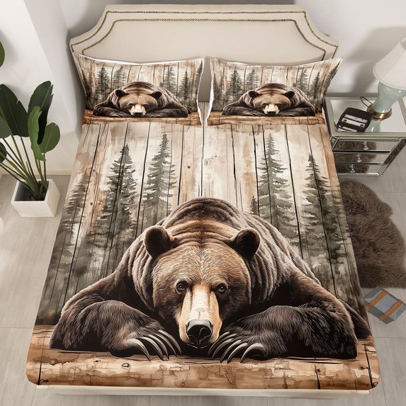Erosebridal 3D Bear Fitted Sheet Set Queen, Rustic Farmhouse Bedding Queen Size, Woodland Animal Decor, 3-Piece(No Top Sheet)