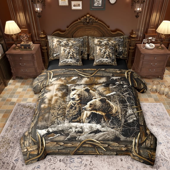 Erosebridal 3D Bear Print Bedding Comforter Set 7pcs for Boys, Rustic Branches King Bedding Sets