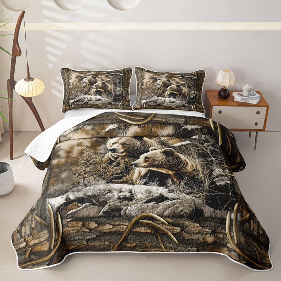 Erosebridal 3D Bear Print Twin Quilt Set for Boys, Rustic Branches Twin Coverlet Set, 2-Piece