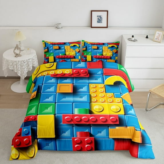 Erosebridal 3D Building Blocks Comforter Set Queen, Colorful Construction Bedding , Rainbow Brick Blue Bedding Comforter Sets Funny Patchwork Geometric Rectangle Quilt