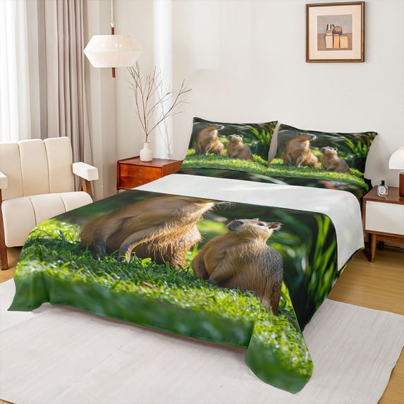 Erosebridal 3D Capybara Print Bed Sheets, Kids Boys Girls King Sheets, 4pcs