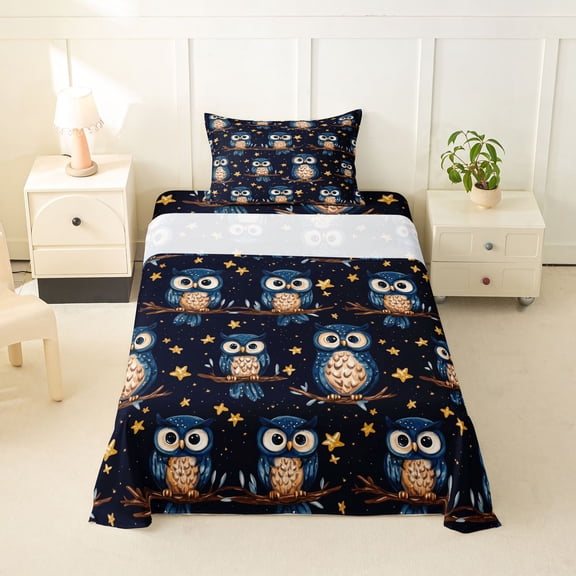 Erosebridal 3D Cartoon Animals Owl Twin Sheet Sets,Cute Stars Print Bedding For Boys Teens 3pcs