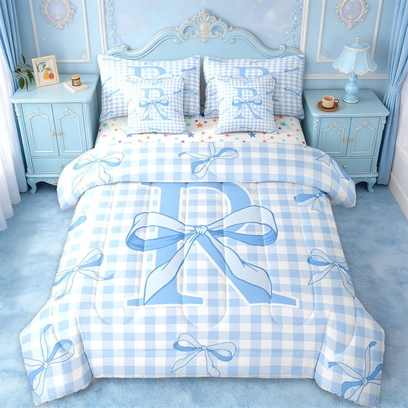 Erosebridal 3D Cartoon Bow Print 7-Piece Bedding Comforter Set For Kids,Initial Letter R Theme King Bedding Sets,Colorful Stars Reversible