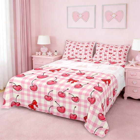 Erosebridal 3D Cartoon Cherry Print Kids Bed Sheets,Pink Geometric Plaid King Sheets For Girls 4pcs