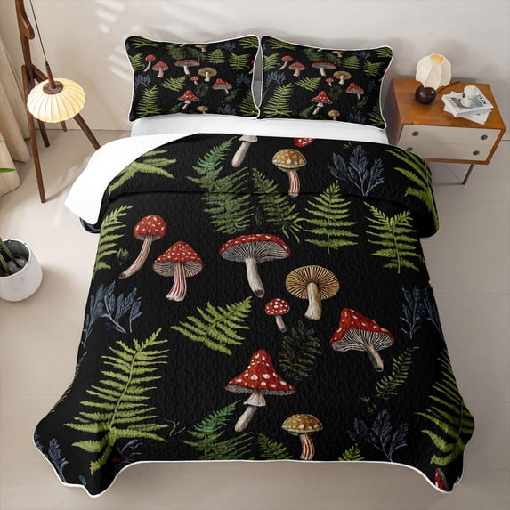 Erosebridal 3D Cartoon Mushroom Print Quilt Full,Rustic Green Leaf Full Bedspread Sets For Girls,3-Piece