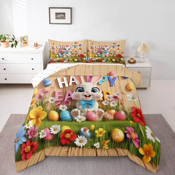 Erosebridal 3D Cartoon Rabbit Kids Full Size Comforter Sets,Watercolor Easter Eggs Happy Easter Kawaii Daisy Girls Bedding Sets, Reversible 3pcs