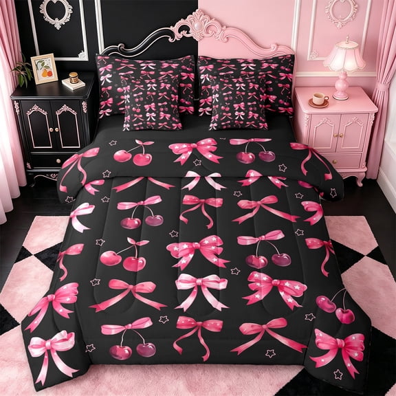 Erosebridal 3D Cartoon Red Cherry 7 Pieces Bedding Comforter Set For Girls,Cute Ribbon Bow Full Bedding Set For Kids,Black Reversible