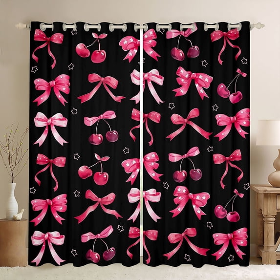 Erosebridal 3D Cartoon Red Cherry Curtains Pack of 2 (42x84 Each) For Girls,Cute Ribbon Bow Curtains Blackout For Kids