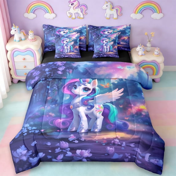 Erosebridal 3D Cartoon Unicorn 7-Piece Bedding Comforter Set For Kids,Cute Magic Animal King Bedding Sets,Reversible Black