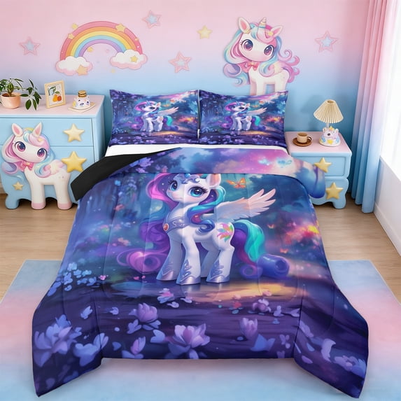 Erosebridal 3D Cartoon Unicorn Full Size Comforter Sets For Kids,Cute Magic Animal Bedding Sets,Reversible Black 3 Pieces