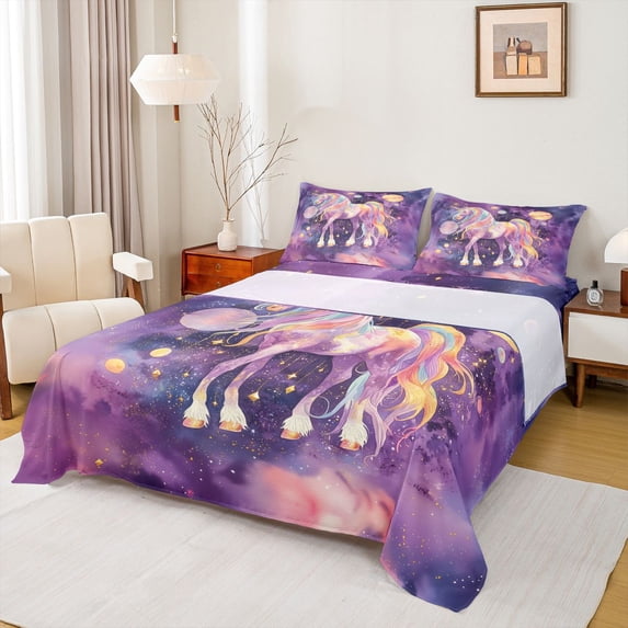 Erosebridal 3D Cartoon Unicorn Kids Queen Sheet Sets,Galaxy Stars Gradient Glitter Print Bed Set For Girls 4pcs