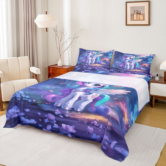 Erosebridal 3D Cartoon Unicorn Queen Sheet Sets For Kids,Cute Magic Animal Bed Set 4pcs