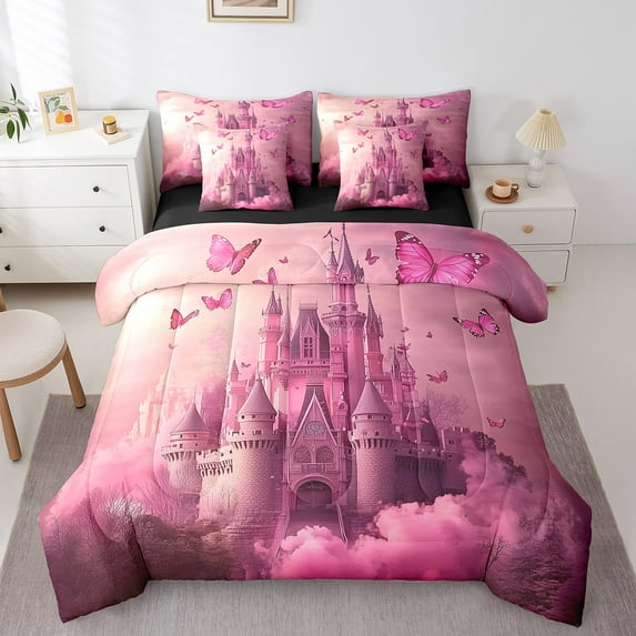 Erosebridal 3D Castle Bed in a Bag, Cherry Bloosoms Bed Set, Cartoon Butterfly Reversible Comforter Sets, Microfiber Room Decor, 7 Pieces
