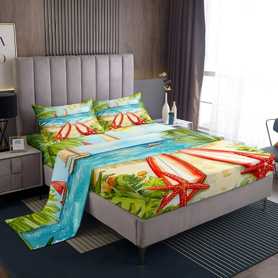 Erosebridal Sea Surfing Starfish Sheet Set Twin,Ocean Beach Bedding Sets Twin Size,Teenager Bedroom Decor,Breathable,3pcs