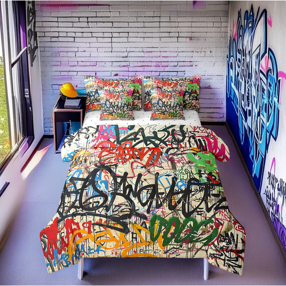 Erosebridal 3D Colorful Graffiti Bedding Sets Full Size, Abstract Art Painting Comforter Sets with Sheets, Street Old School Decor, 7pcs