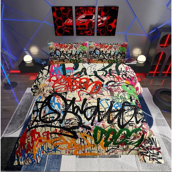 Erosebridal 3D Colorful Graffiti Bedding Sets with Comforter, Abstract Art Painting Duvet Insert, Street Old School Decor, 2pcs