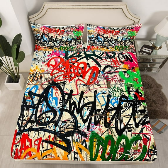 Erosebridal 3D Colorful Graffiti Fitted Sheet Twin, Abstract Art Painting Fitted Sheet Set Twin, Street Old School Decor, 2pcs(No Top Sheet)