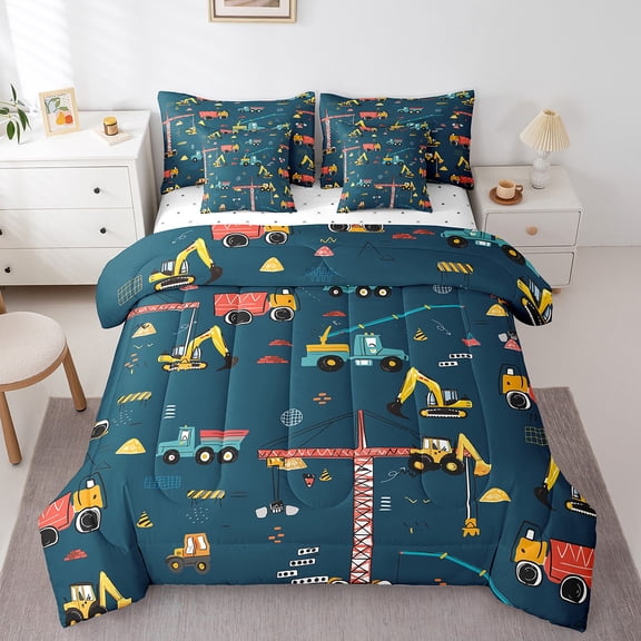 Erosebridal 3D Construction Bed in a Bag Full size, Cartoon Truck Bed Set, Excavator Car Bedding Full Size, Lightweight Room Decorative, 7-Piece